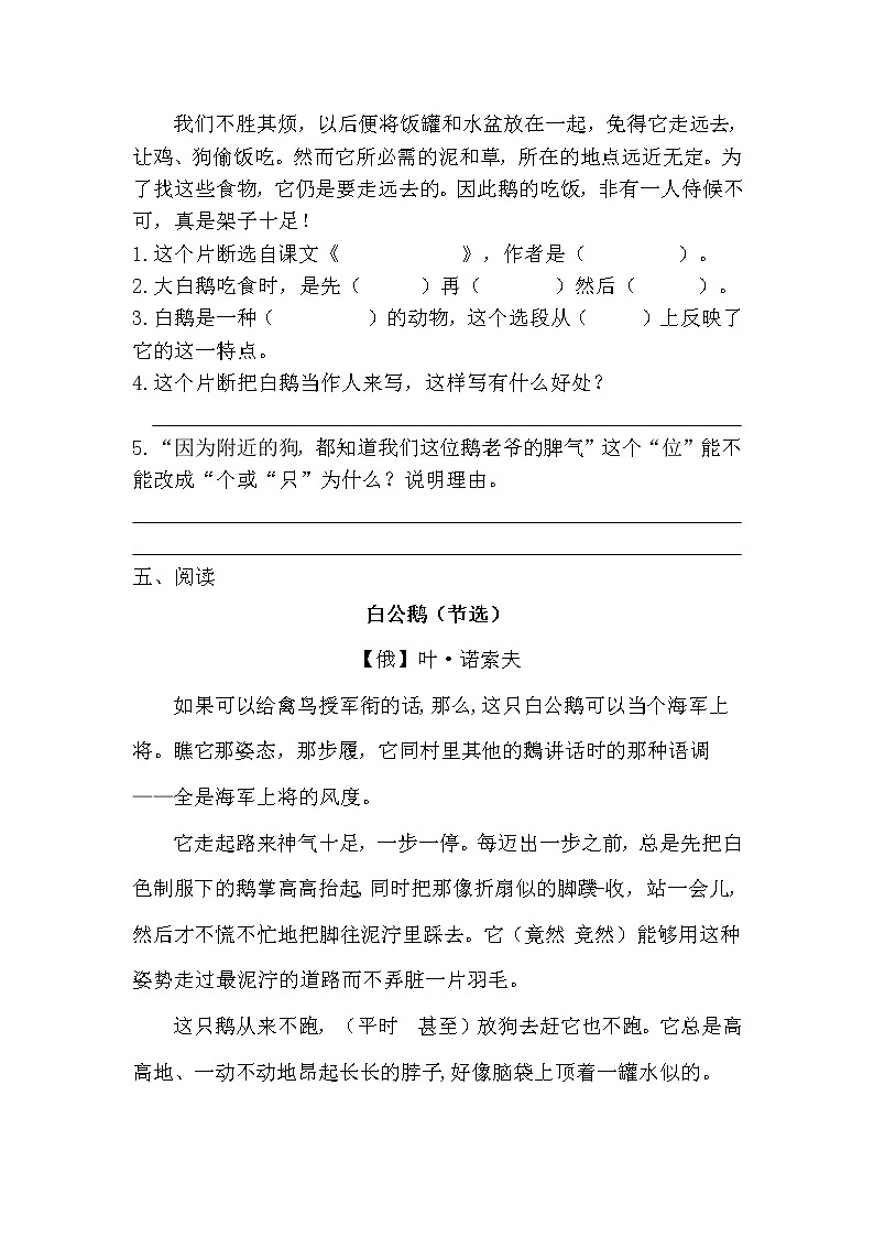 部编版（五四制）四下 15《白鹅》练习第2页