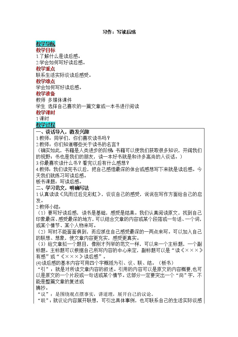 部编版（五四制）五下 习作：写读后感 教案第1页