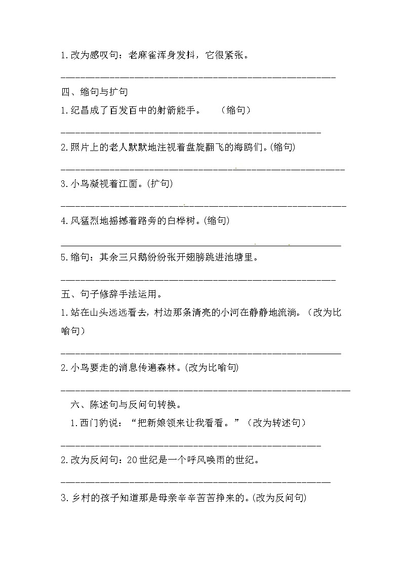 【期末专项】四年级上册语文   专题05 句子类型巩固（含答案）部编版02