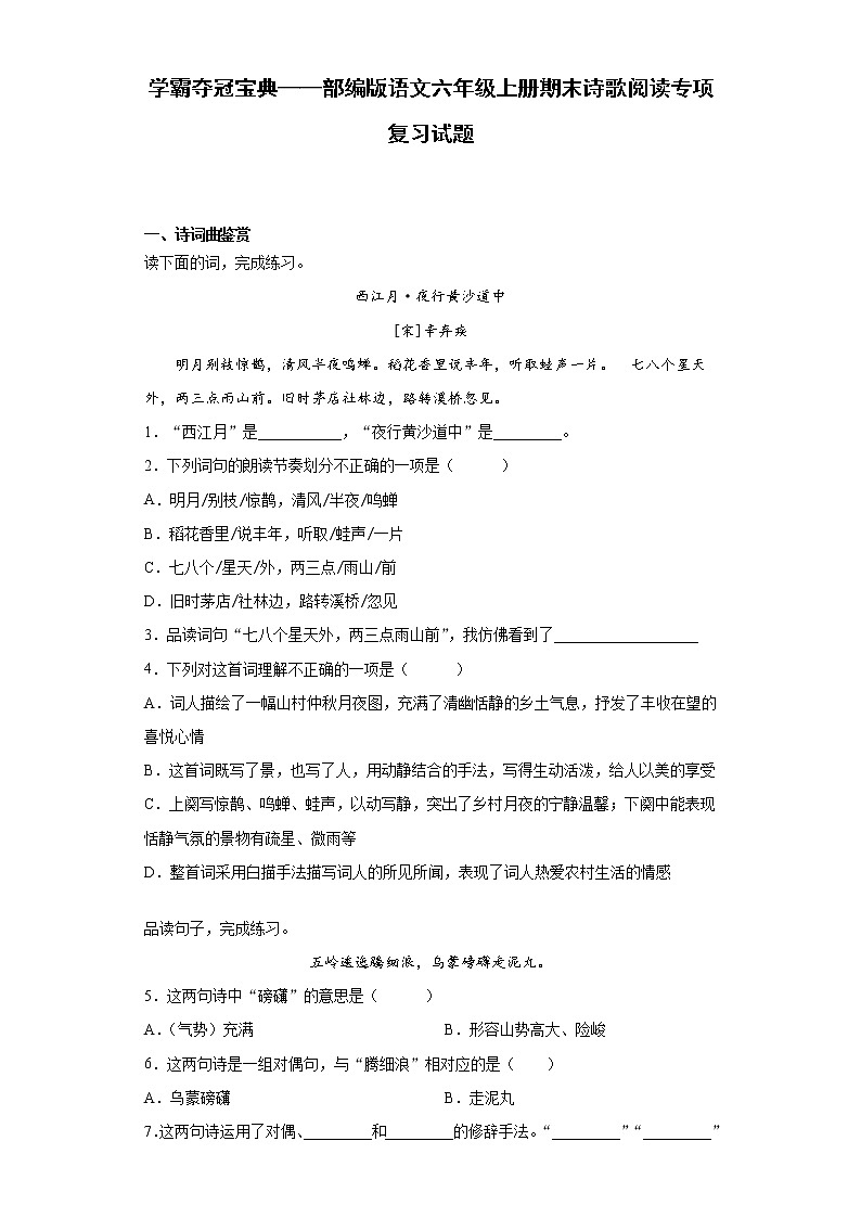 学霸夺冠宝典——部编版语文六年级上册期末诗歌阅读专项复习试题01