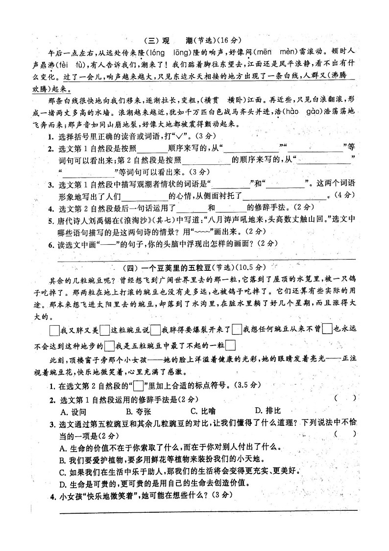 小学语文部编版四年级上册期末课内阅读专项练习（附参考答案）202