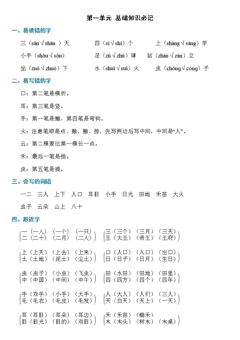 部编版语文一年级上册 第一单元 必记知识01