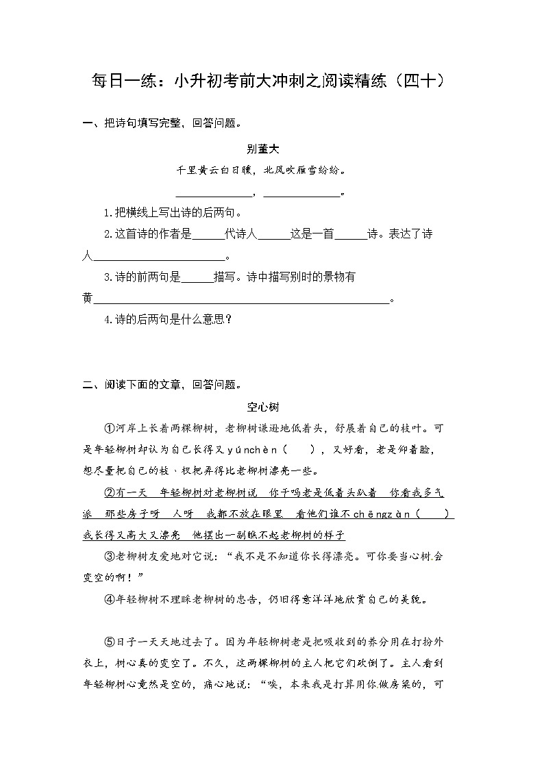 人教部编版小升初语文阅读考前每日一练（四十）（有答案）第1页