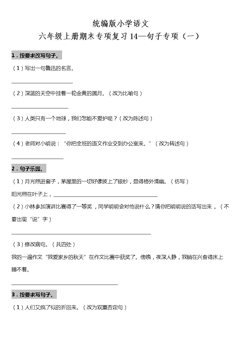统编版小学语文六年级上册期末专项复习14—句子专项（一）（含答案） 练习01