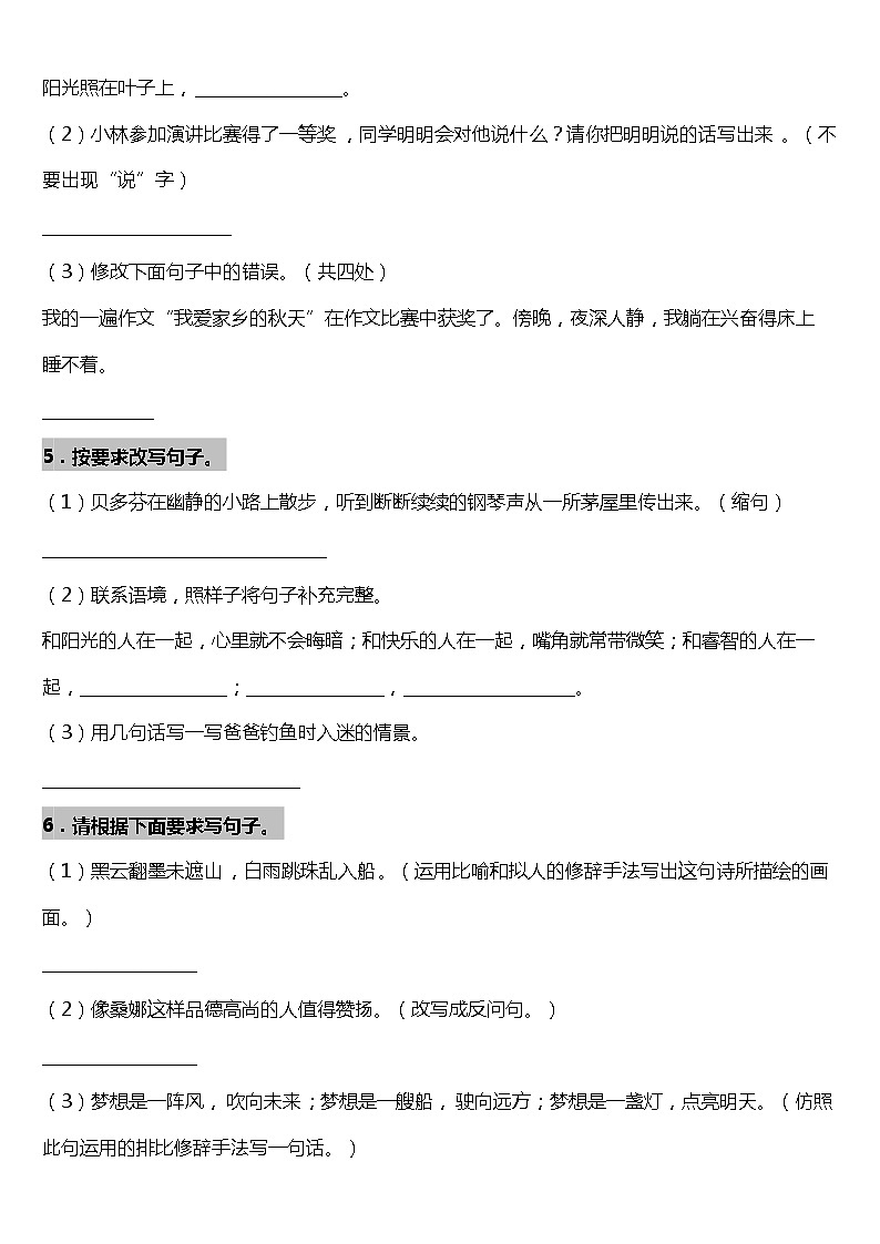 统编版小学语文六年级上册期末专项复习15—句子专项（二）（含答案） 练习03