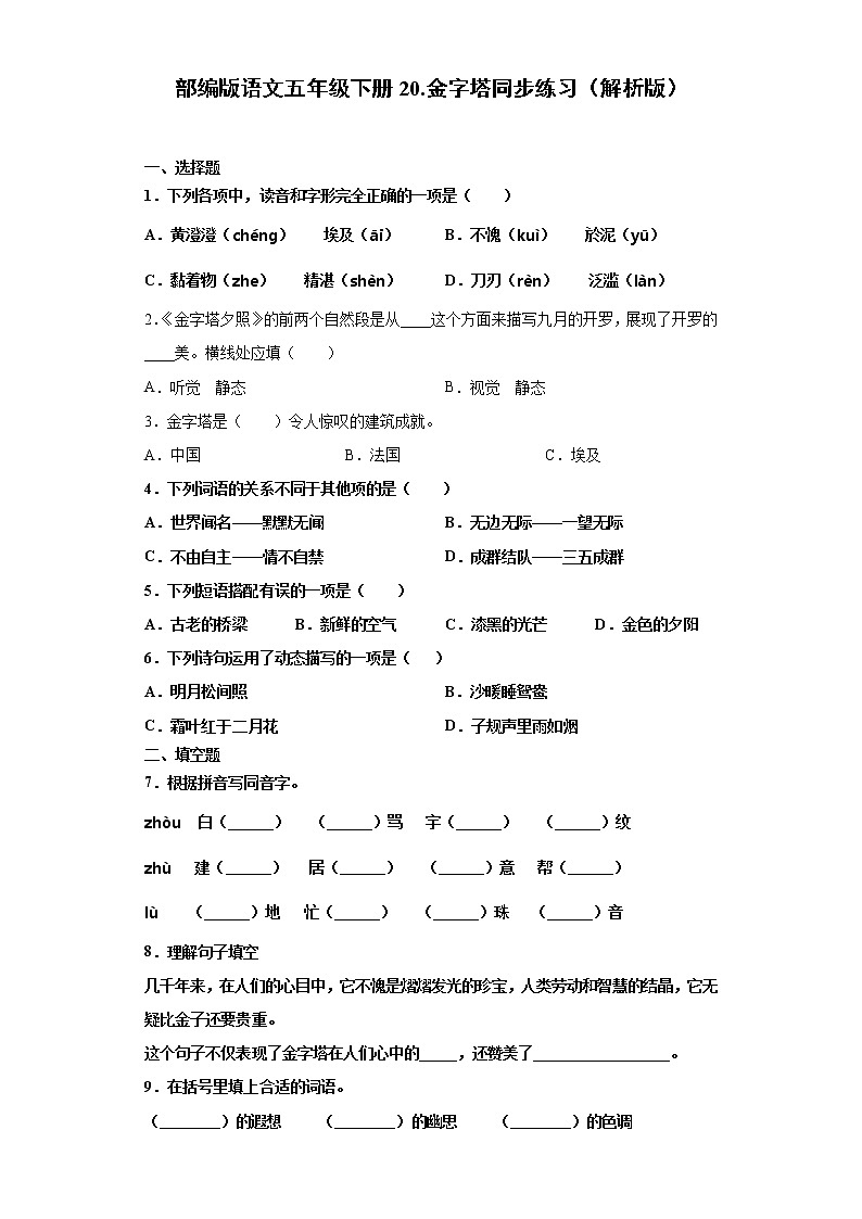 部编版语文五年级下册20.金字塔同步练习（解析版+原卷版）01