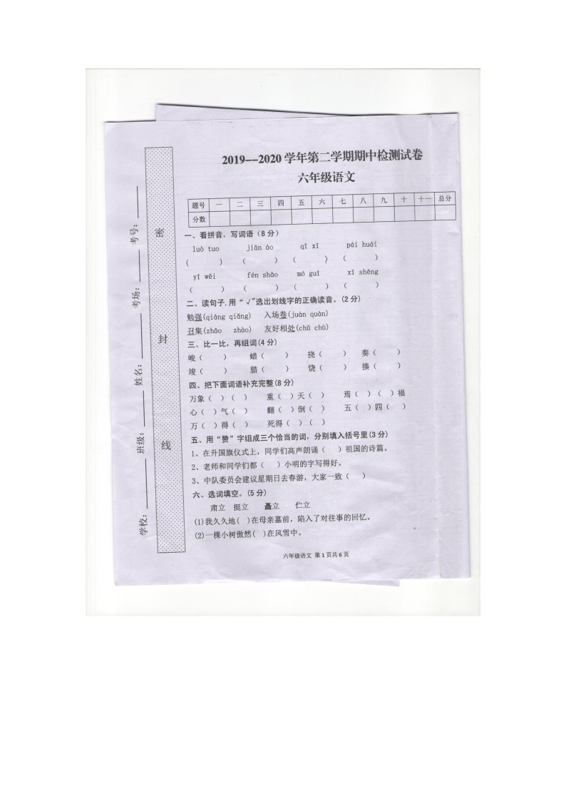 六年级语文下册试题河南省郸城县2019-2020年第二学期期中检测卷（图片版无答案）部编版01