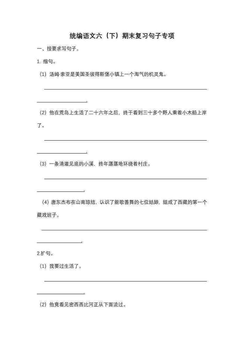 （精选）部编版小学语文：六（ 下）句子专项（含答案）练习题01