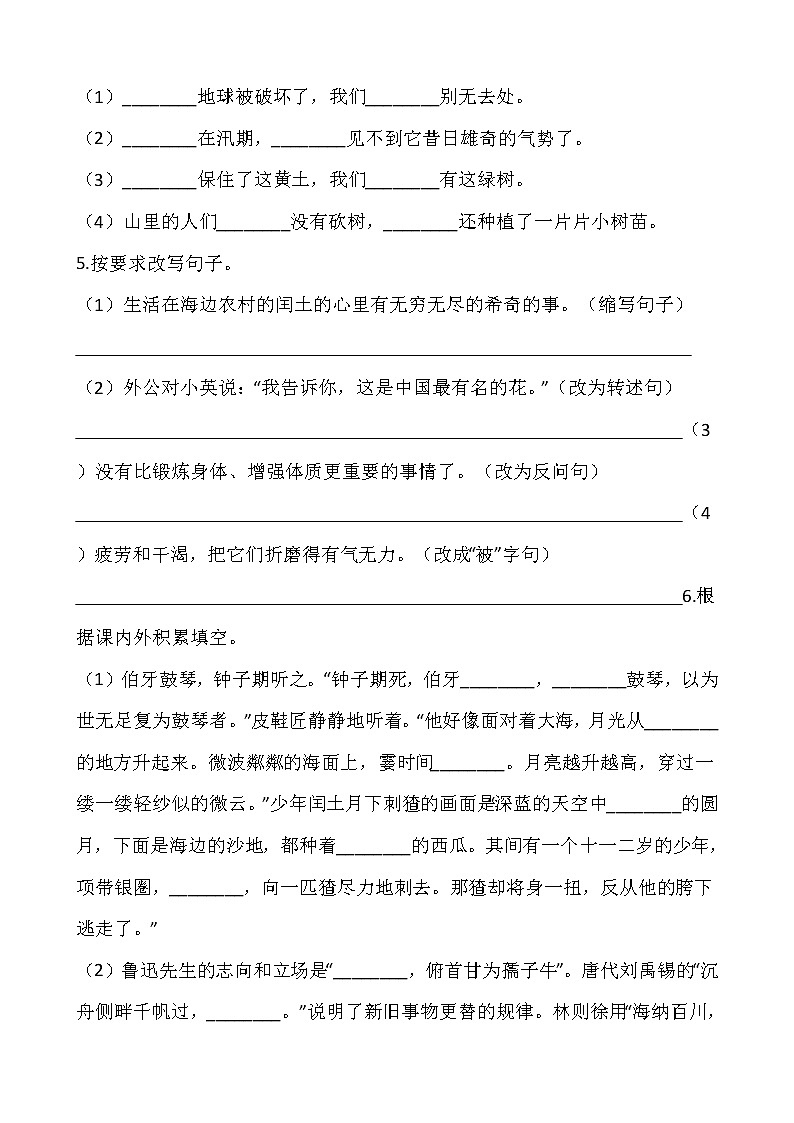 2021-2022学年语文六年级上册期末考试卷（七）人教部编版含答案02