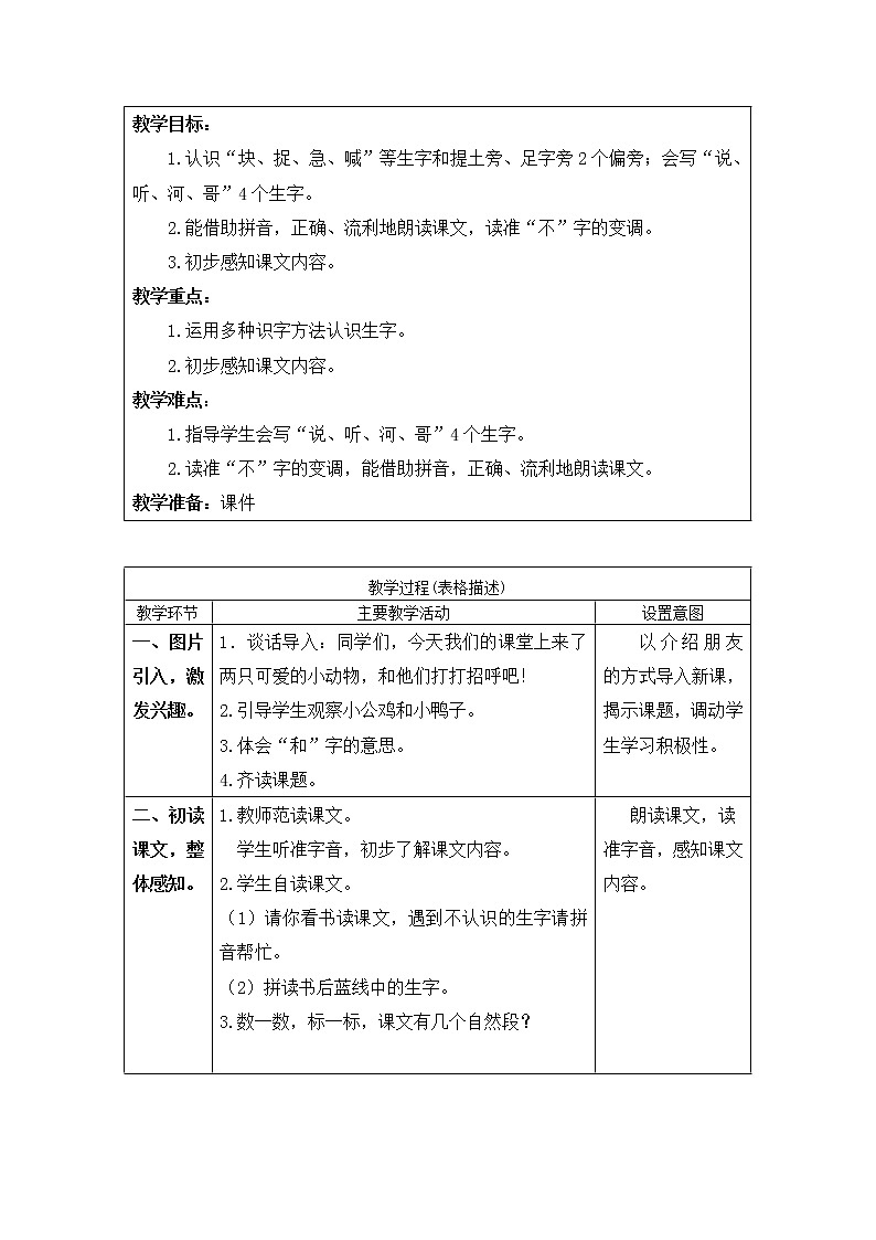 一年级语文(统编版)-小公鸡和小鸭子（1）-学案02