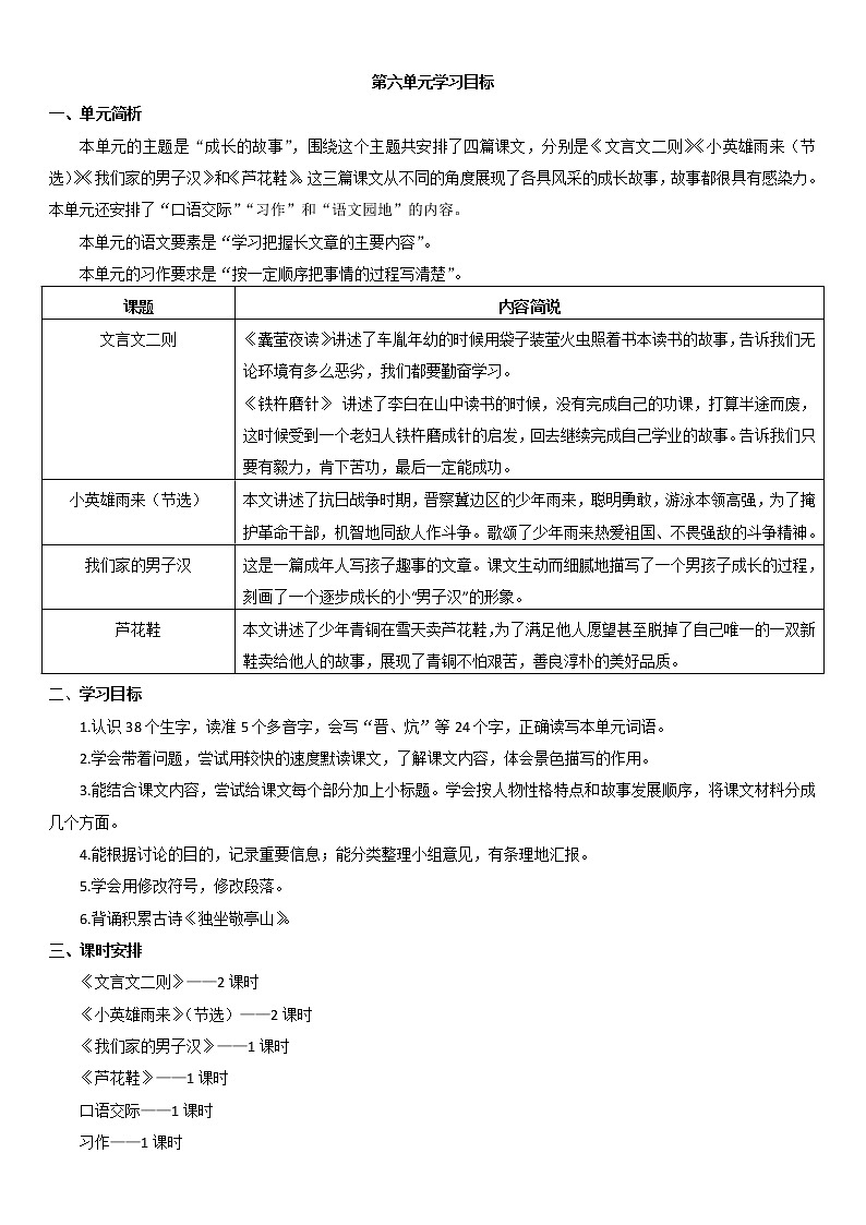 人教部编版四年级下册第六单元—— 学习目标第1页
