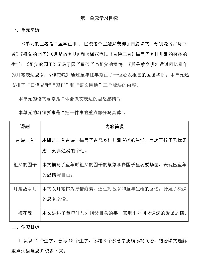 人教部编版五年级下册—第一单元—学习目标第1页