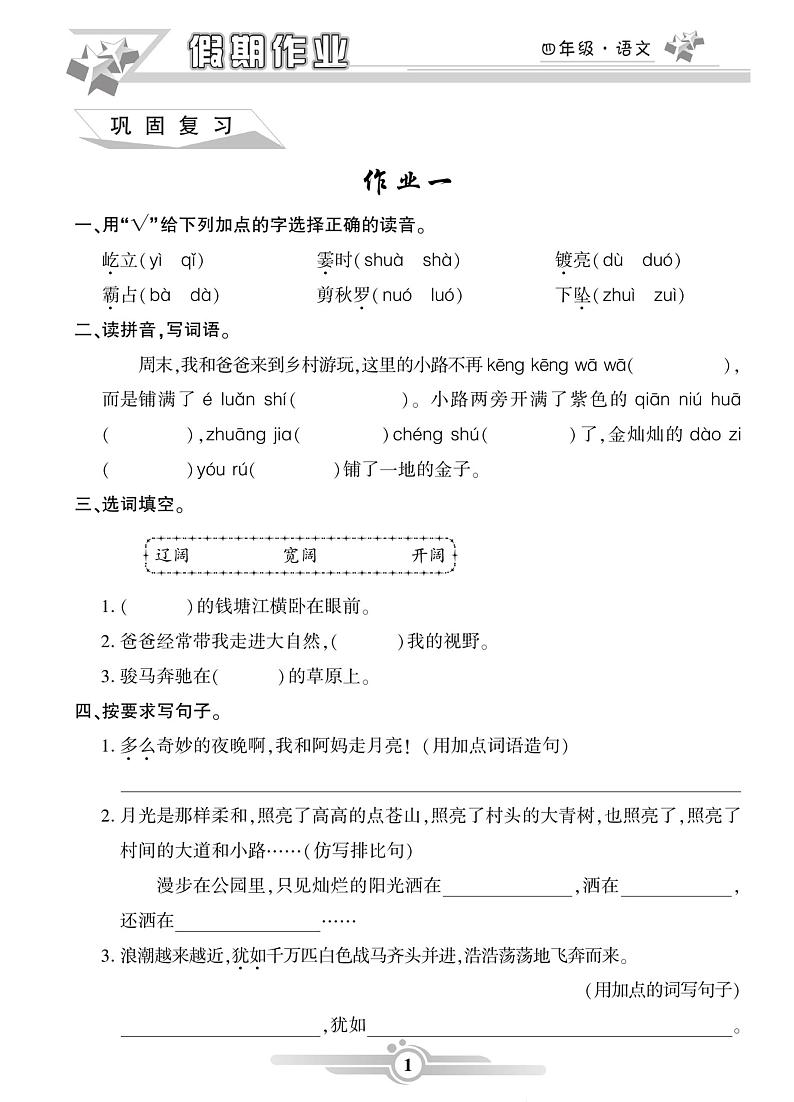 《寒假作业》语文4年级部编版（含答案）第1页
