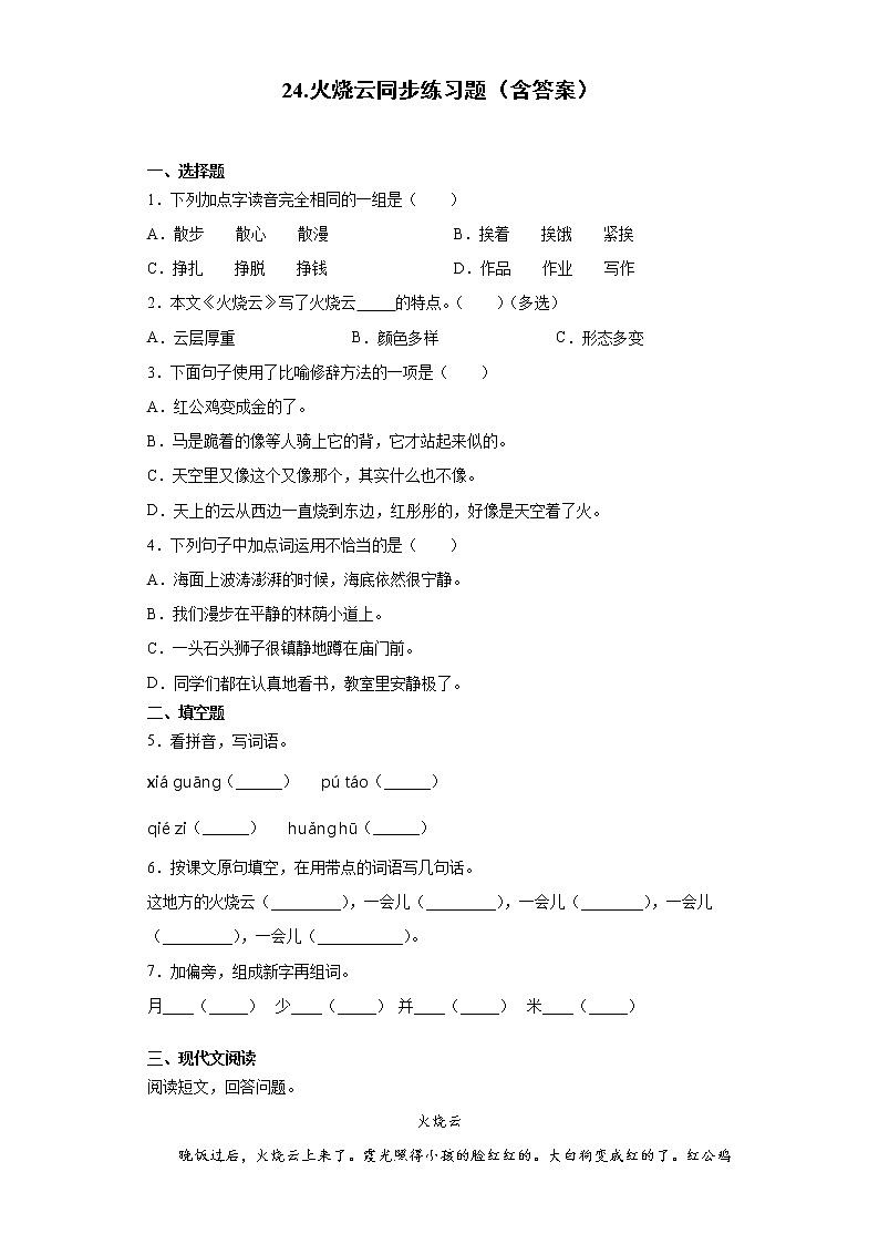 24.火烧云同步练习题（含答案）01