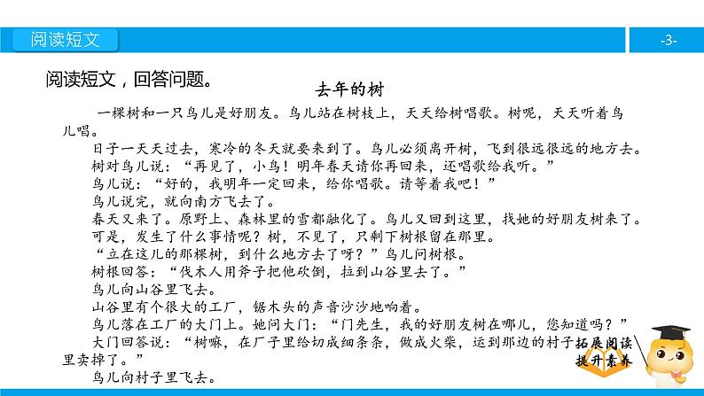 四年级【专项训练】课外阅读：去年的树（下）课件PPT第3页