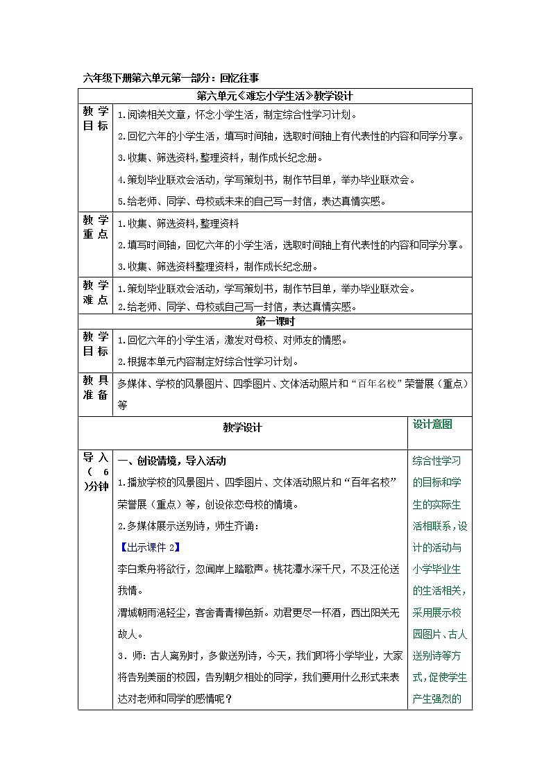 部编版语文六下：综合性学习：难忘小学生活-PPT课件+教学教案01