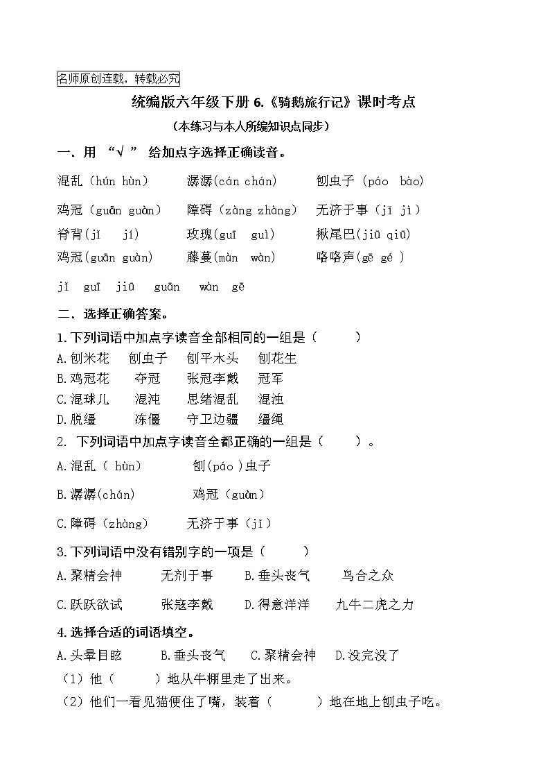 统编版六年级下册6.《骑鹅旅行记》课时考点名师汇编练习题01