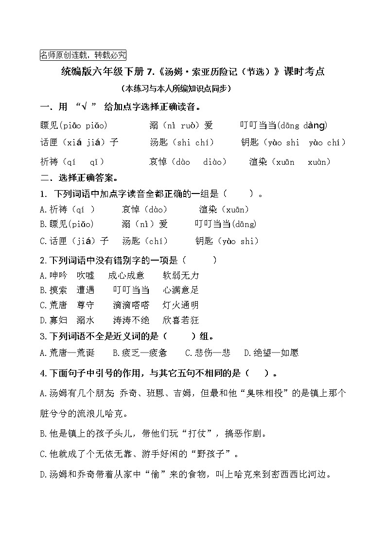 统编版六年级下册7《 汤姆·索亚历险记（节选）》课时考点名师汇编练习题01