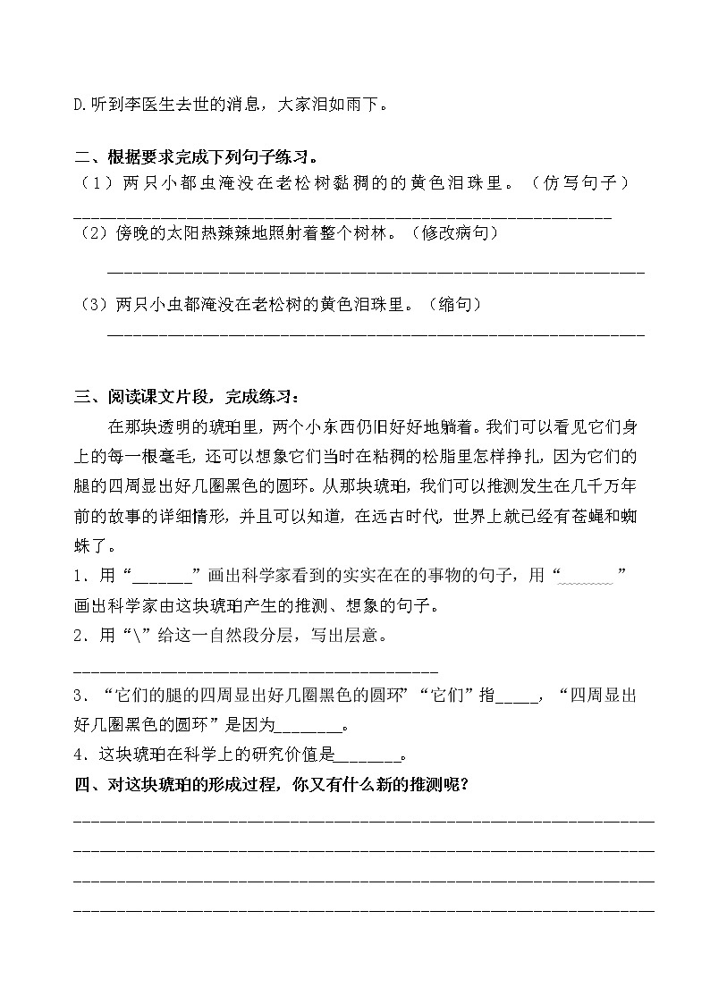统编版四年级语文下册5.《琥珀》课时考点名师汇编练习题03