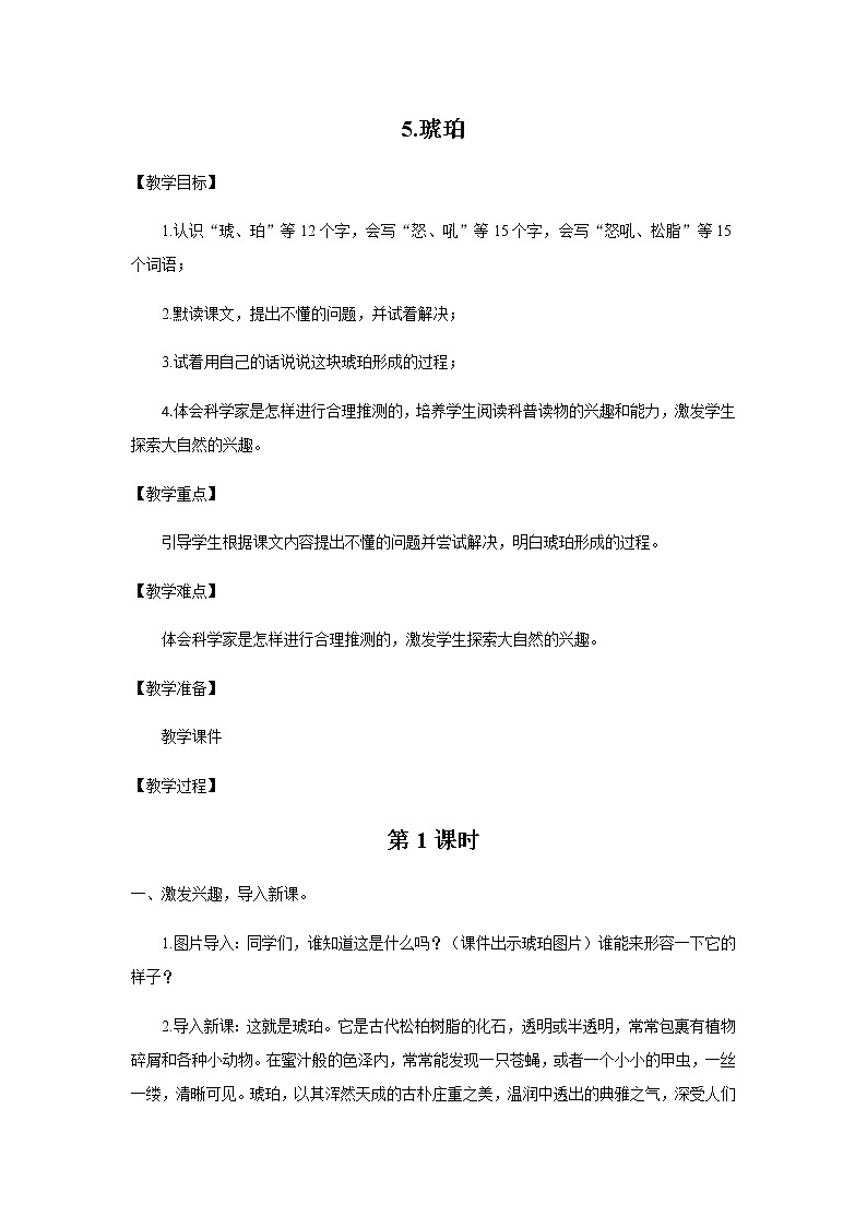 《琥珀》（第1课时）教案第1页