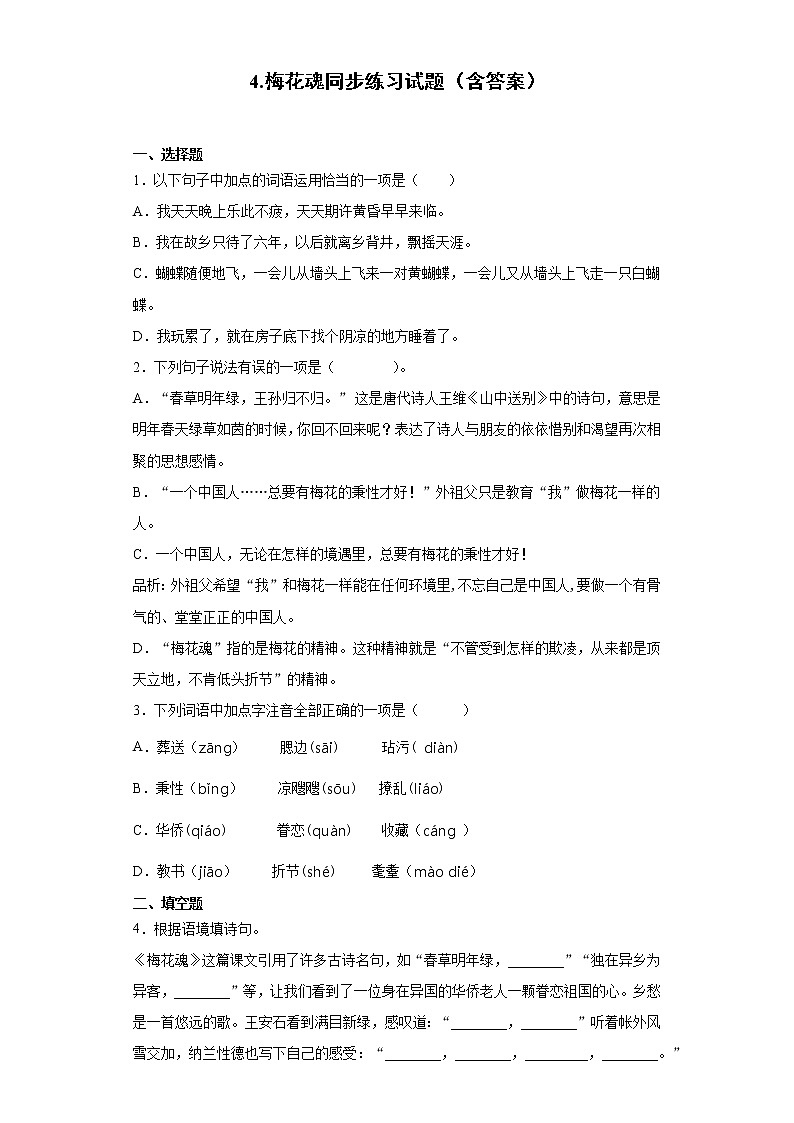 4.梅花魂同步练习试题（含答案）第1页
