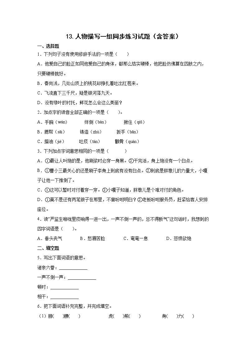 13.人物描写一组同步练习试题（含答案）01