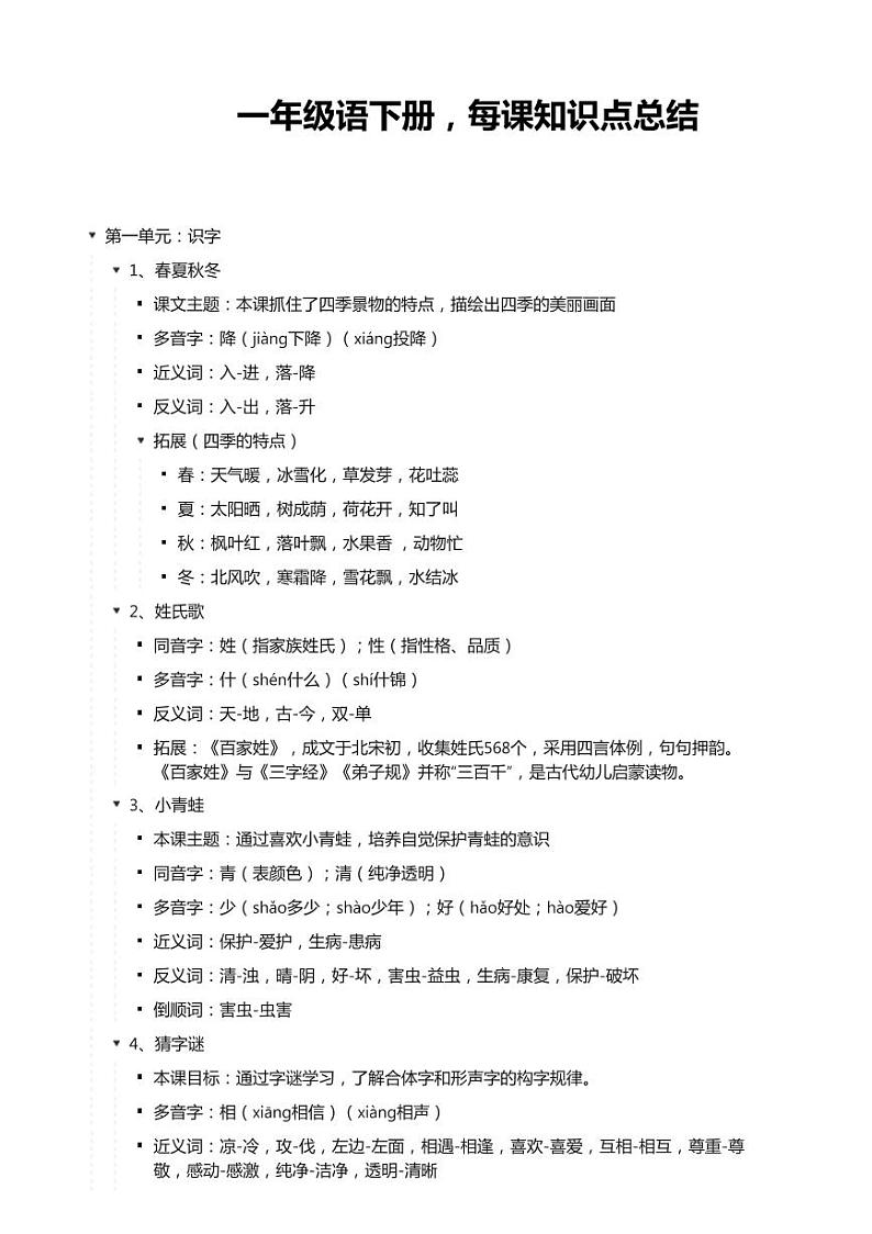 一年级语文下册学霸笔记练习题第1页