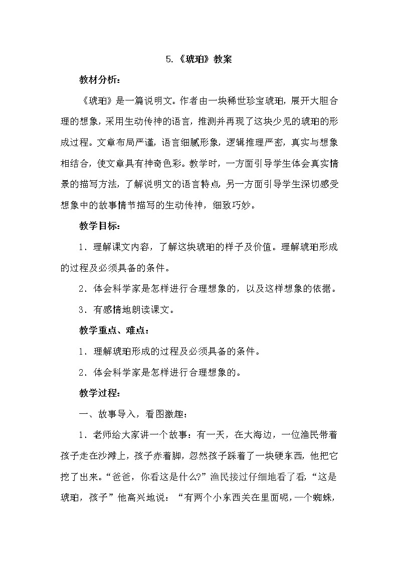 部编版四下-5.琥珀【优质教案】第1页