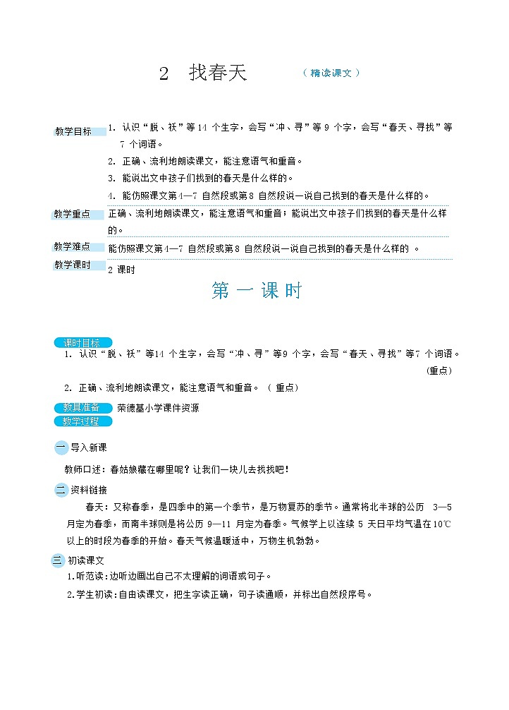 人教版二年级下册语文 第1单元 2 找春天（教案）01