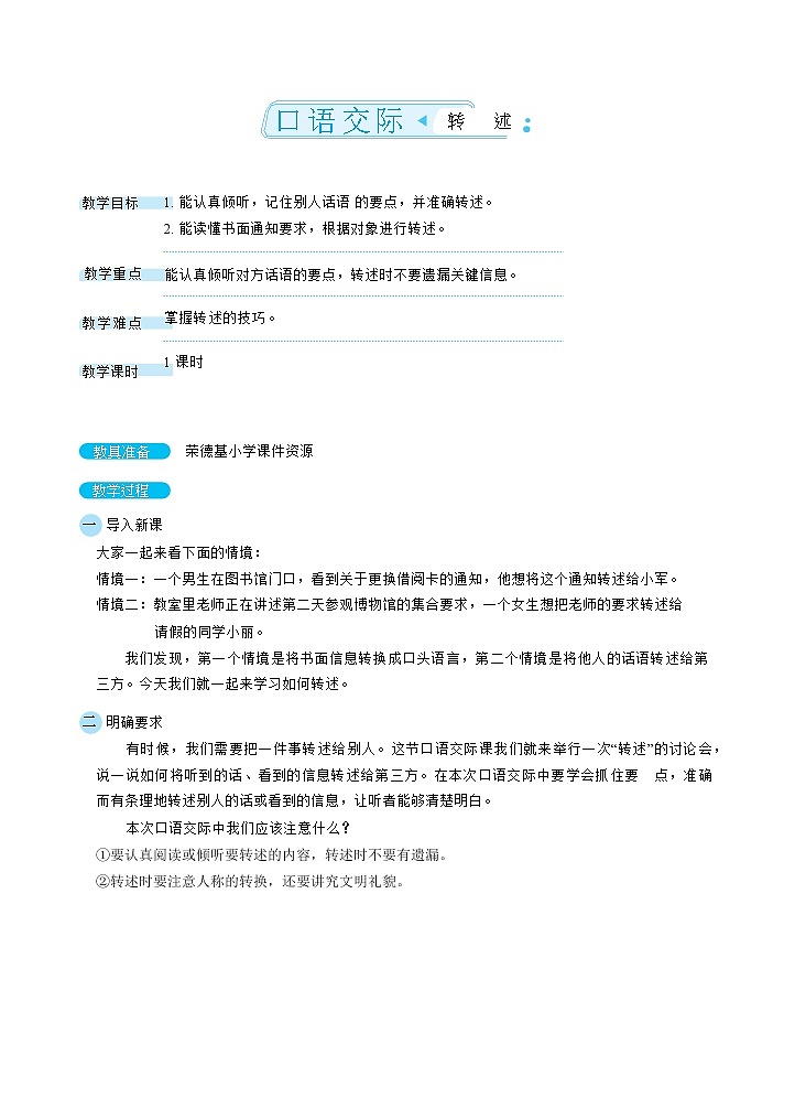 人教版四年级下册语文 第1单元 口语交际：转述（教案）01