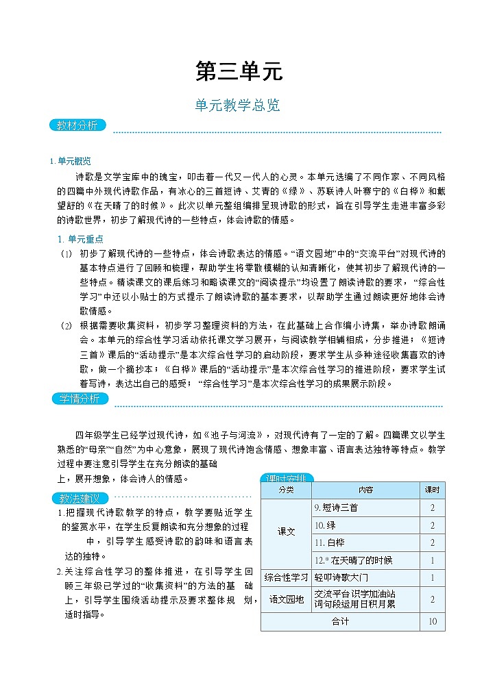人教版四年级下册语文 第3单元 单元教学总览教案第1页