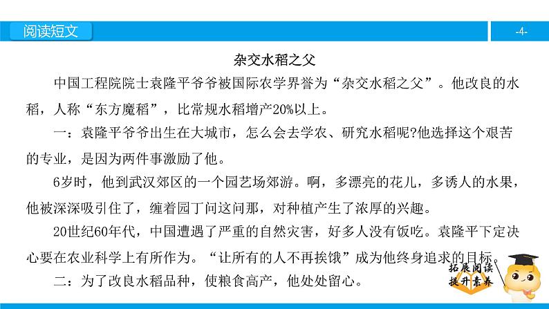 三年级【专项训练】课外阅读：杂交水稻之父（上）课件PPT第4页