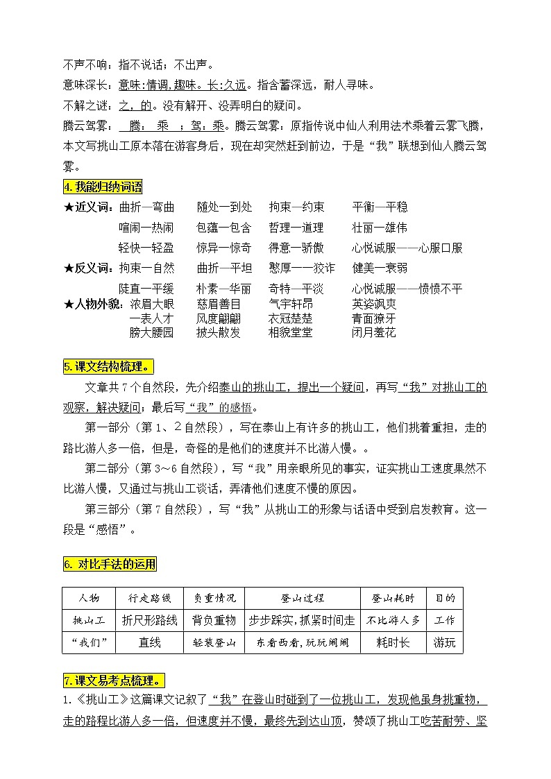 统编版四年级语文下册25.《挑山工》知识点易考点名师梳理练习题02