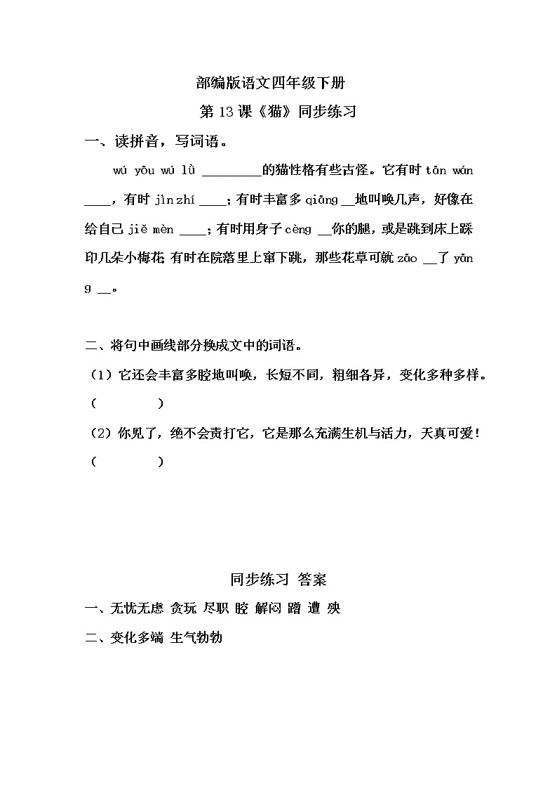 部编版语文四年级下册《13 猫》课件（送教案+练习含答案）01