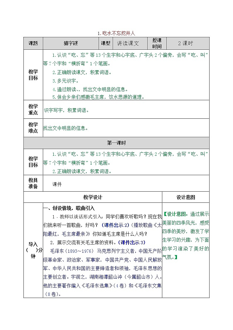 2021年小学语文部编版一年级下册 第二单元 1 吃水不忘挖井人 教案2第1页
