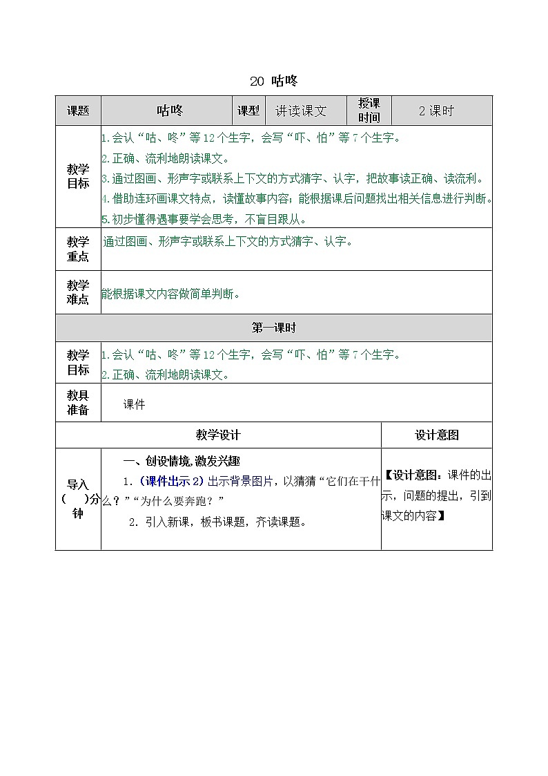 2021年小学语文部编版一年级下册 第八单元 20 咕咚 教案2第1页