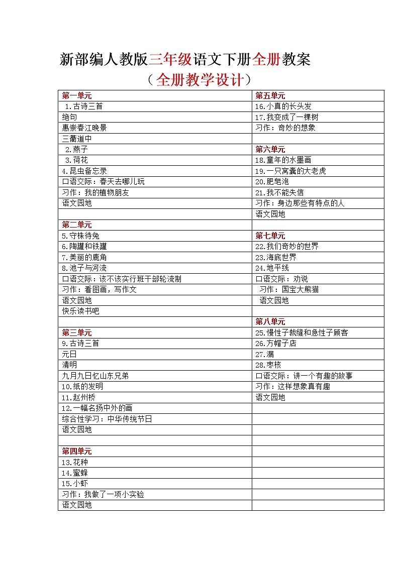 部编人教版季小学语文三年级下册全册教案01