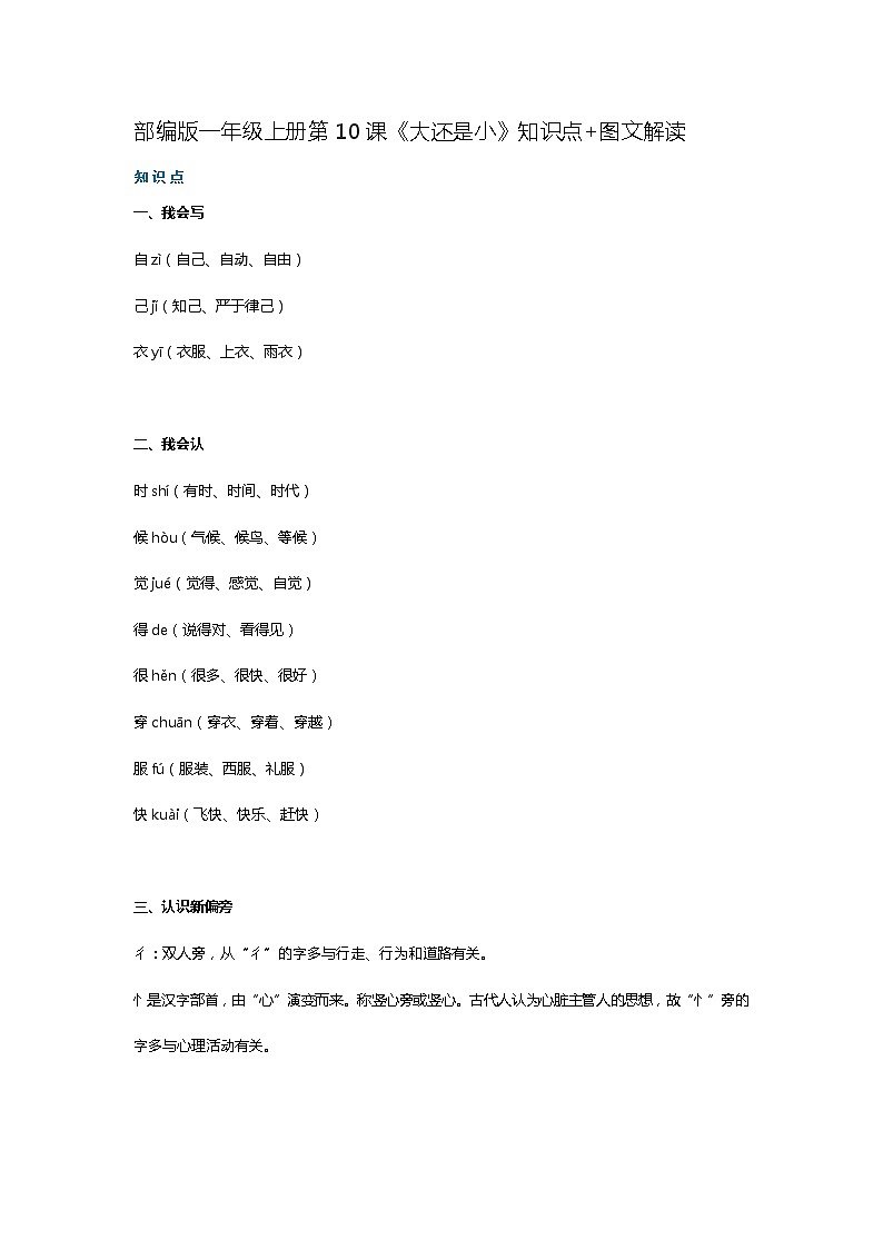 一年级语文上册素材-第10课《大还是小》知识点 图文解读 人教部编版学案01