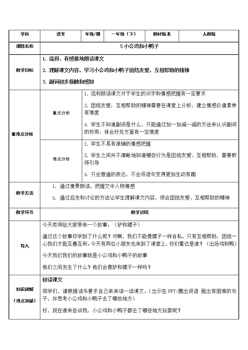 一年级语文下册教案-5小公鸡和小鸭子-部编版第1页