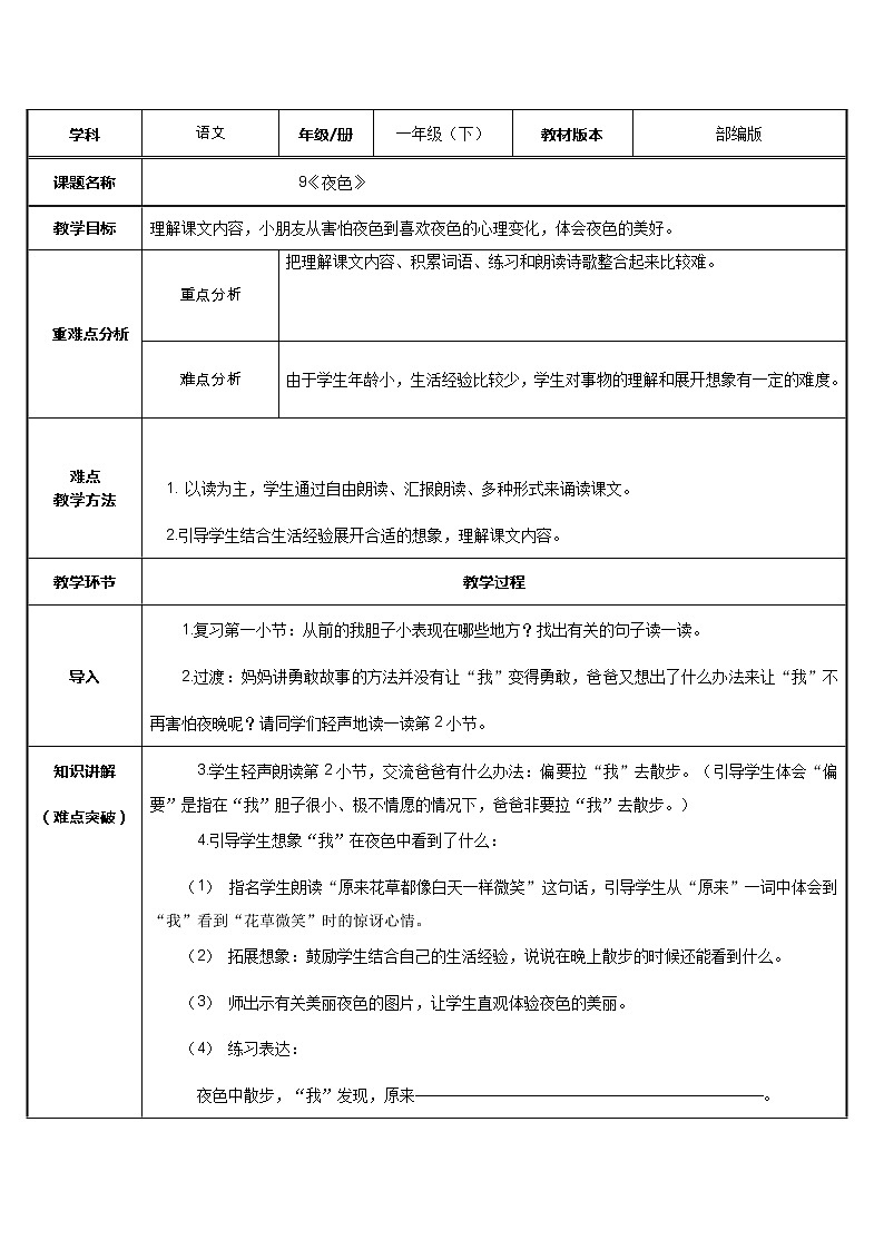 一年级语文下册教案-9夜色4-部编版第1页