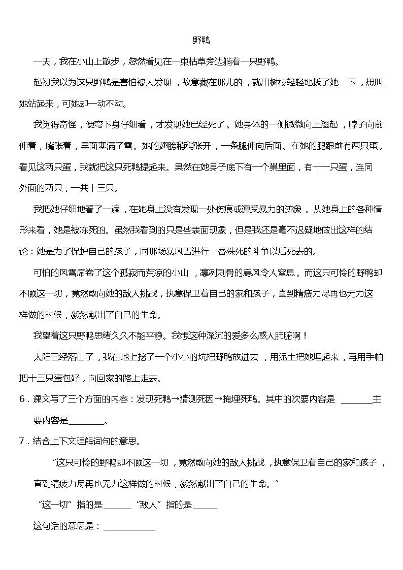 部编版小学语文四年级下册第15课《白鹅》阅读专项训练题（含答案）03