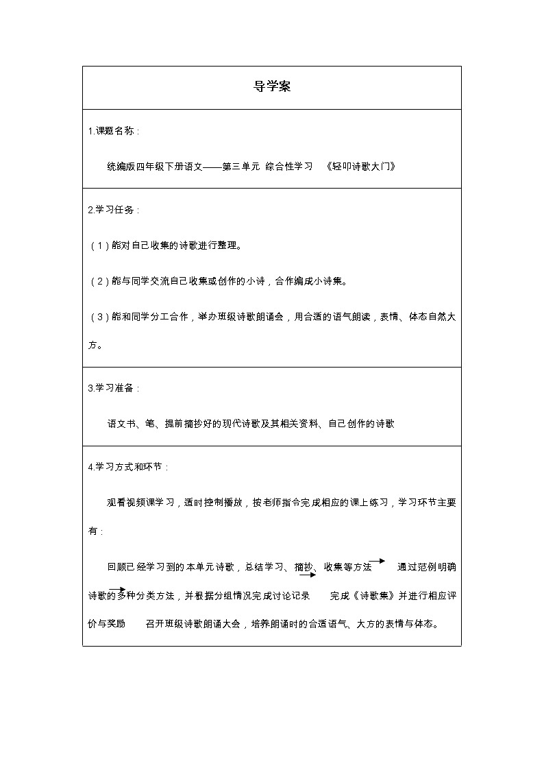 人教版（部编版）小学语文四年级下册  综合性学习：轻叩诗歌大门  学案01