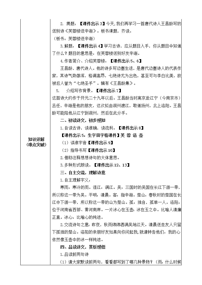 人教版（部编版）小学语文四年级下册  22.古诗三首  芙蓉楼送辛渐  教案第2页
