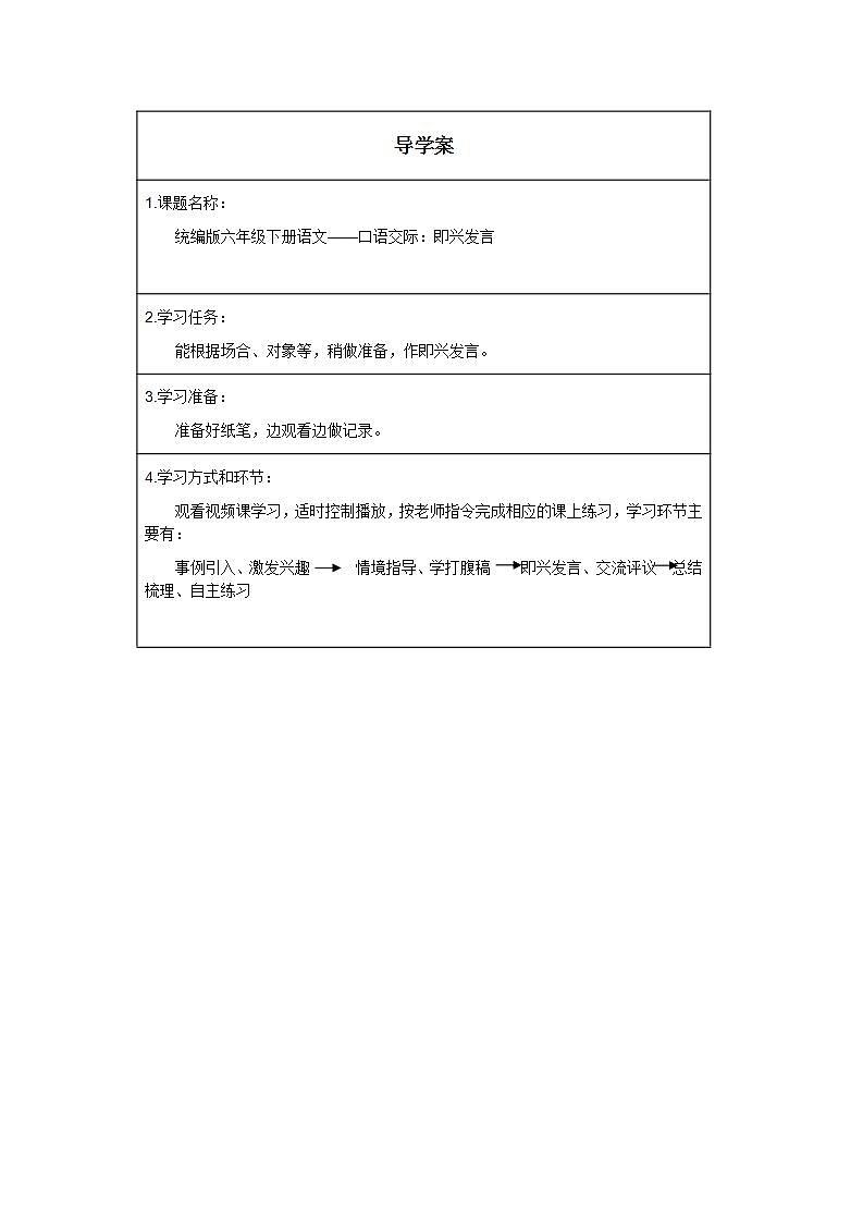 人教版（部编版）小学语文六年级下册  口语交际：即兴发言  学案01