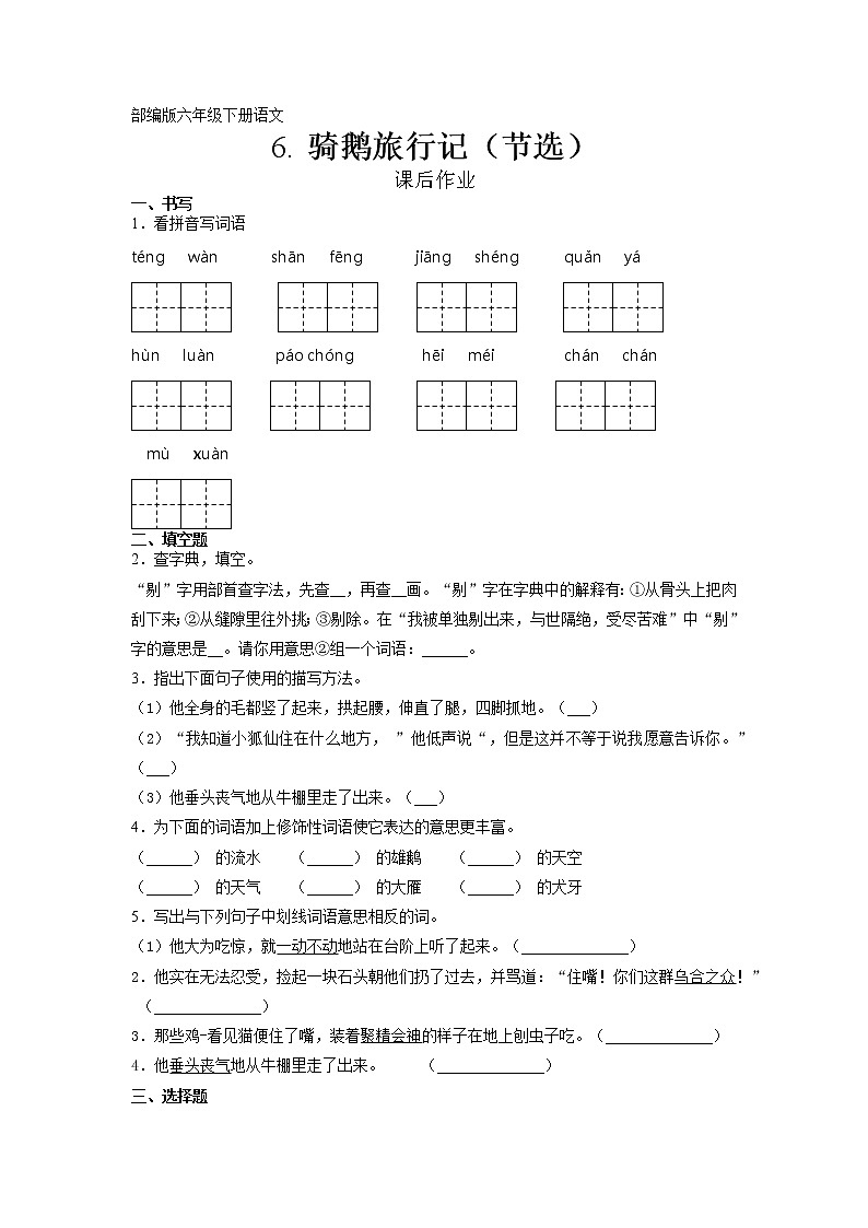 六年级下册语文部编版课后作业第6课《骑鹅旅行记（节选）》（含答案）01
