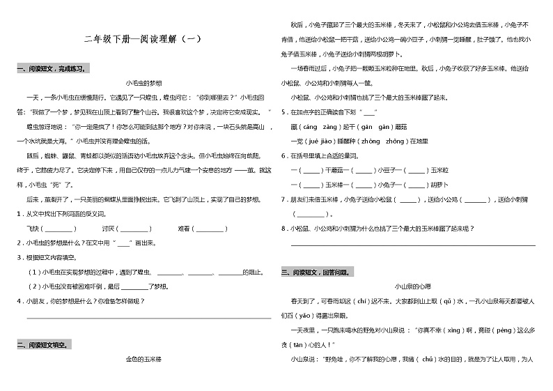 二年级下册语文试题---期末专题—阅读理解（一）  统编版（含答案）第1页