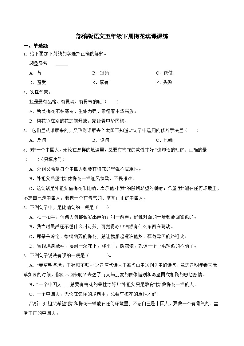 部编版语文五年级下册梅花魂课课练01