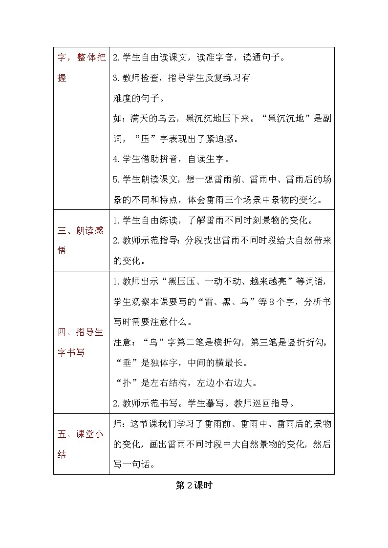 二年级下册语文教案-16 雷雨 人教部编版02