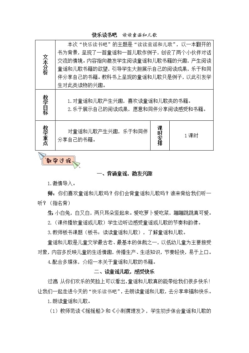 2022年部编版语文1年级下册快乐读书吧：读读童谣和儿歌（教案）第1页