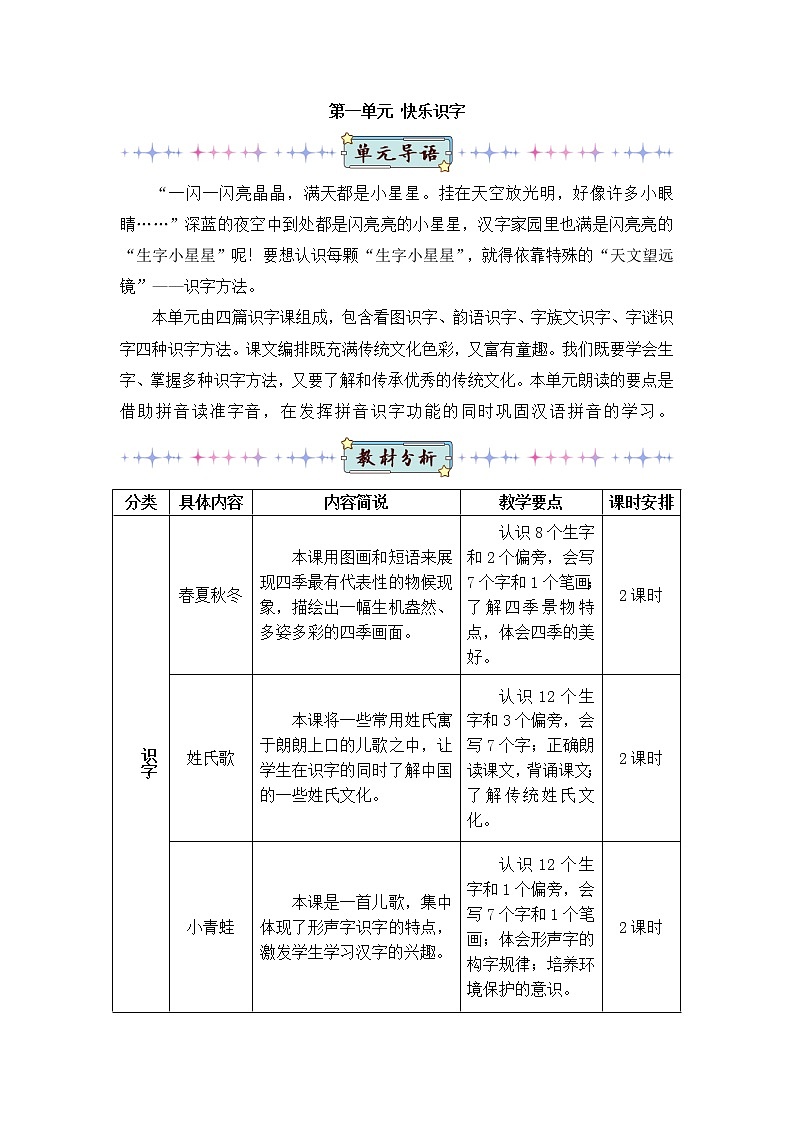 2022年部编版语文1年级下册识字1 春夏秋冬（教案）第1页